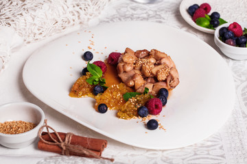 chicken teriyaki plate still life fruit, raspberries, blueberries, blackberries, mint beautiful, appetizing