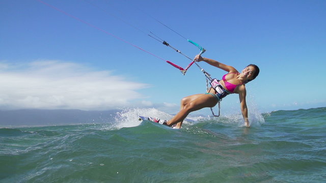 Slow Motion Woman Kite Surfing, Extreme Sport