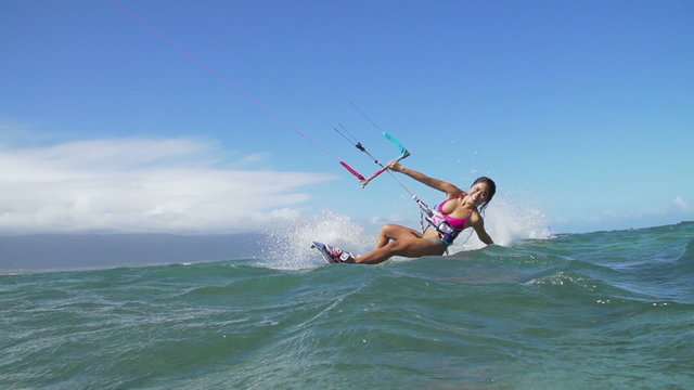 Woman Kitesurfing In Ocean, Extreme Summer Sport 