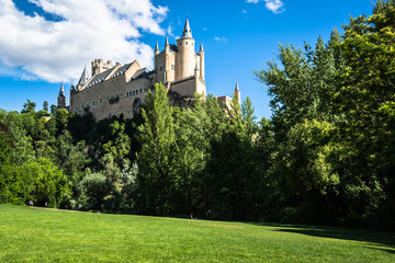 Segovia, Spain. The famous Alcazar of Segovia, rising out on a r