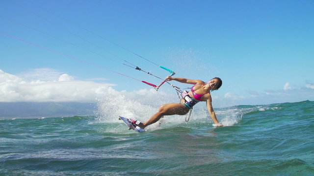 Woman Kitesurfing In Ocean, Extreme Summer Sport 