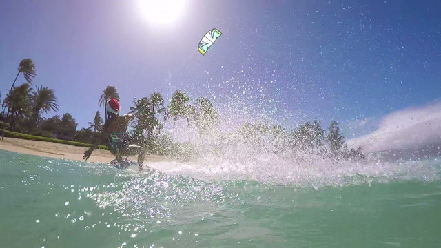Woman Kite Surfing In Santa Claus Hat 