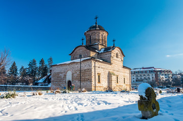 Curtea de Arges town, Romania. The Royal Court Church of Wallachia in winter. Curtea Domneasca.