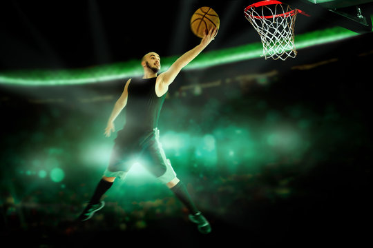 Horizontal portrait of professional basketball player makes slam