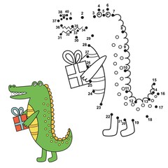 Naklejka premium Connect the dots to draw the cute alligator and color it. Educational numbers and coloring game for children. Vector illustration