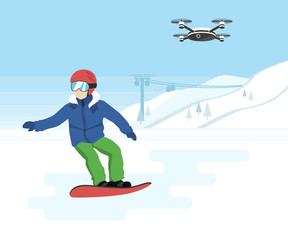 Snowboarding and remote drone with camera