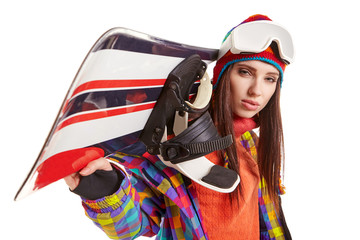 a beautiful woman with a snowboard in studio