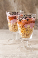 cup of blueberry yogurt with granola and honey