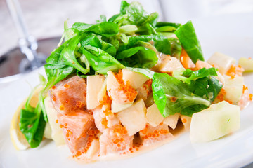 Salad with seafood and spinach on white plate