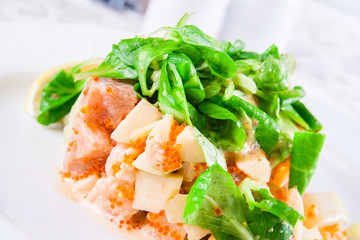 Salad with seafood and spinach on white plate