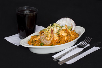 Peru Dish: Rice with Seafood (Arroz con Mariscos), chicha morada