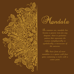 Vector mandala. Brown background. Gold ornament.