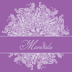 Vector mandala. Violet background. White ornament. 
