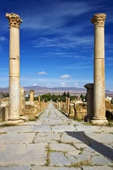 Zelfklevend Fotobehang Algeria. Timgad (ancient Thamugadi or Thamugas). Cardo street and surrounding colonnade - view from forum, where Cardo crossing (and terminates in a forum) with Decumanus Maximus © WitR