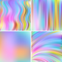 Abstract vector illustration of colorful background with blurred light lines. Set of four square backgrounds. Curved lines.