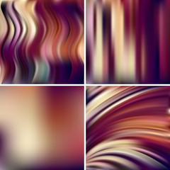 Abstract vector illustration of colorful background with blurred light lines. Set of four square backgrounds. Curved lines.