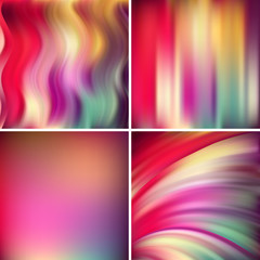 Abstract vector illustration of colorful background with blurred li ght lines. Set of four square backgrounds. Curved lines. Red, pink, orange, green colors.