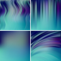 Abstract vector illustration of colorful background with blurred light lines. Set of four square backgrounds. Curved lines.