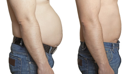 Weight loss. A man with a large and a small stomach.
