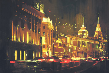 Fototapety  obraz ulicy miasta z kolorowym światłem, Szanghaj Bund nocą