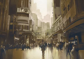 Foto op Plexiglas people on street in city,cityscape painting with vintage style © grandfailure