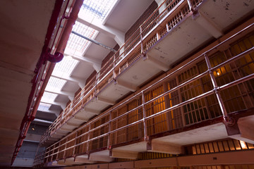 Several rows of cells and bars in prison