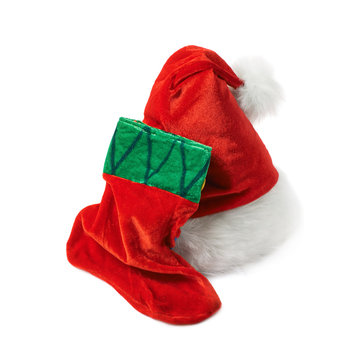 Santa's hat and Christmas stocking isolated