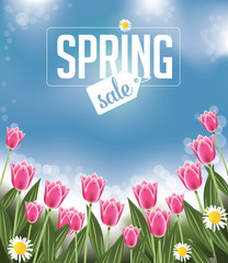 Spring sale Background with tulips and daisies EPS 10 vector royalty free stock illustration for greeting card, ad, promotion, poster, flier, blog, article, social media, marketing