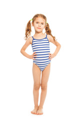 Little model in stripped swimming suit