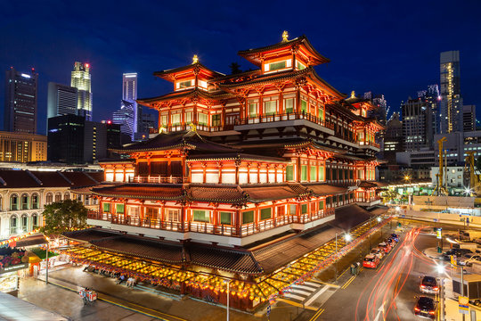 Night View of a Chinese Temple in Singapore Chinatown