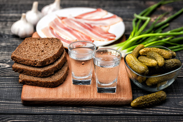 Russian vodka in small glass with black bread and pickles