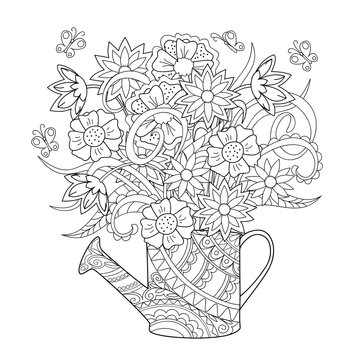 watering can with doodle flowers