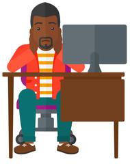 Tired employee sitting in office.