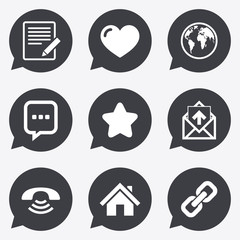 Mail, contact icons. Communication signs.