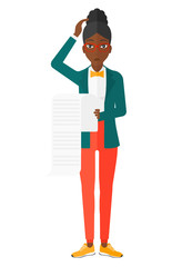 Woman holding long bill.