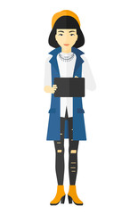 Woman using tablet computer.