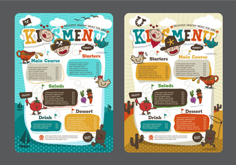 Cute colorful kids meal menu vector template with pirate cartoon and cowboy cartoon - obrazy, fototapety, plakaty