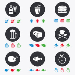 Food, drink icons. Beer, fish and burger signs.