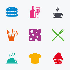 Food, drink icons. Coffee and hamburger signs.