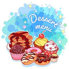 Dessert menu with different sweets: pancakes, donuts, chocolate