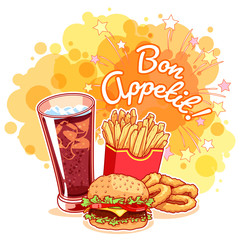 Poster with glass of cola, french fries, hamburger, onion rings