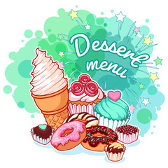 Dessert menu with different sweets: ice cream, donuts, chocolate