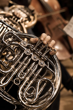 Hands musician playing the French horn in the orchestra 