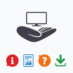 TV insurance sign. Hand holds wide-screen TV.