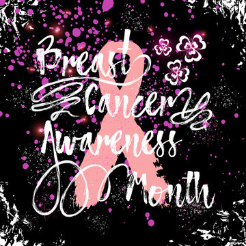 Hand drawn elegant Breast Cancer Awareness Month sign. Decorative retro typography with swirls and swashes. Custom modern calligraphy hand lettering with pink ribbon. Grunge texture in frame.