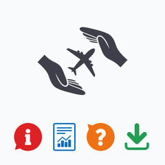 Flight insurance sign. Hands protect cover plane