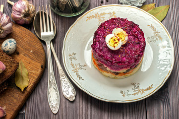 Russian traditional food. Herring under a fur coat