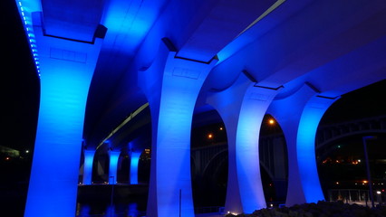 Nighttime landscape photo of the Interstate 35W bridge crossing the Mississippi River, Minneapolis, MN. © jmikkelson