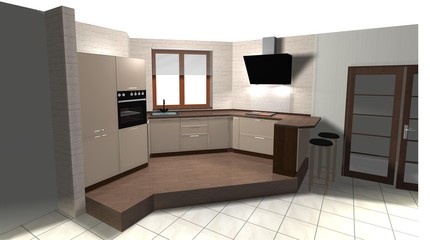beige brown  kitchen in a modern style, interior design 3D rendering illustration