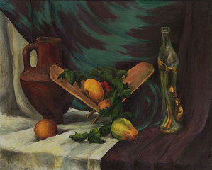 Still life with fruit, jug and a glass bottle. Oil painting